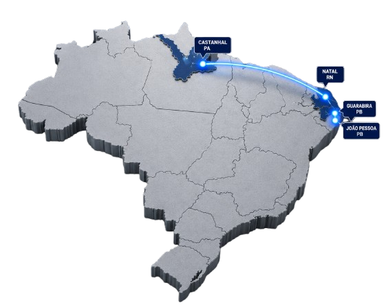 Mapa do Brasil com as unidades do Grupo Centry: Castanhal PA, Natal RN, João Pessoa PB e Guarabira PB