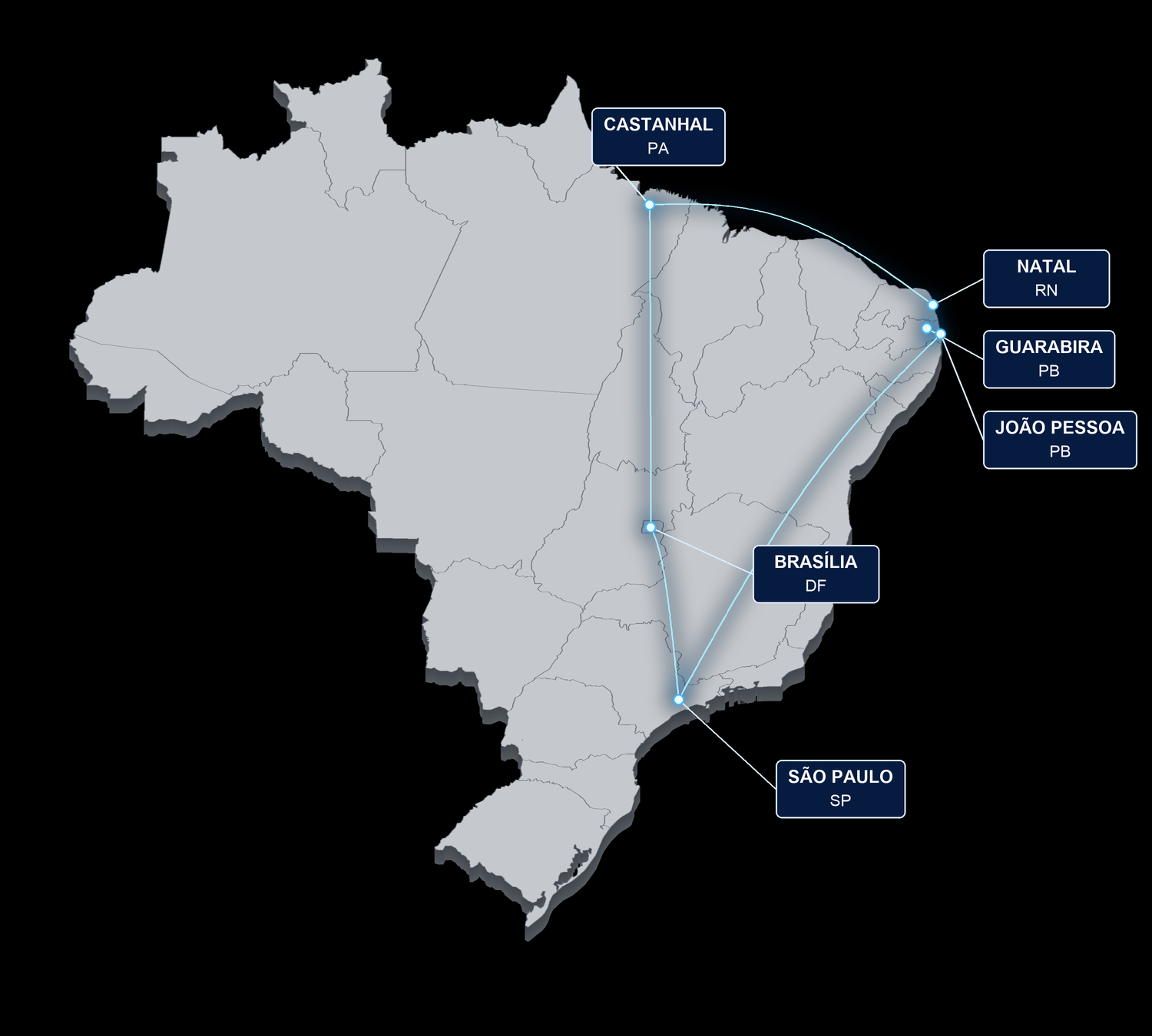 Mapa do Brasil com a presença do Grupo Centry em Castanhal, PA; Natal, RN; Guarabira, PB; João Pessoa, PB; Brasília, DF; e São Paulo, SP.